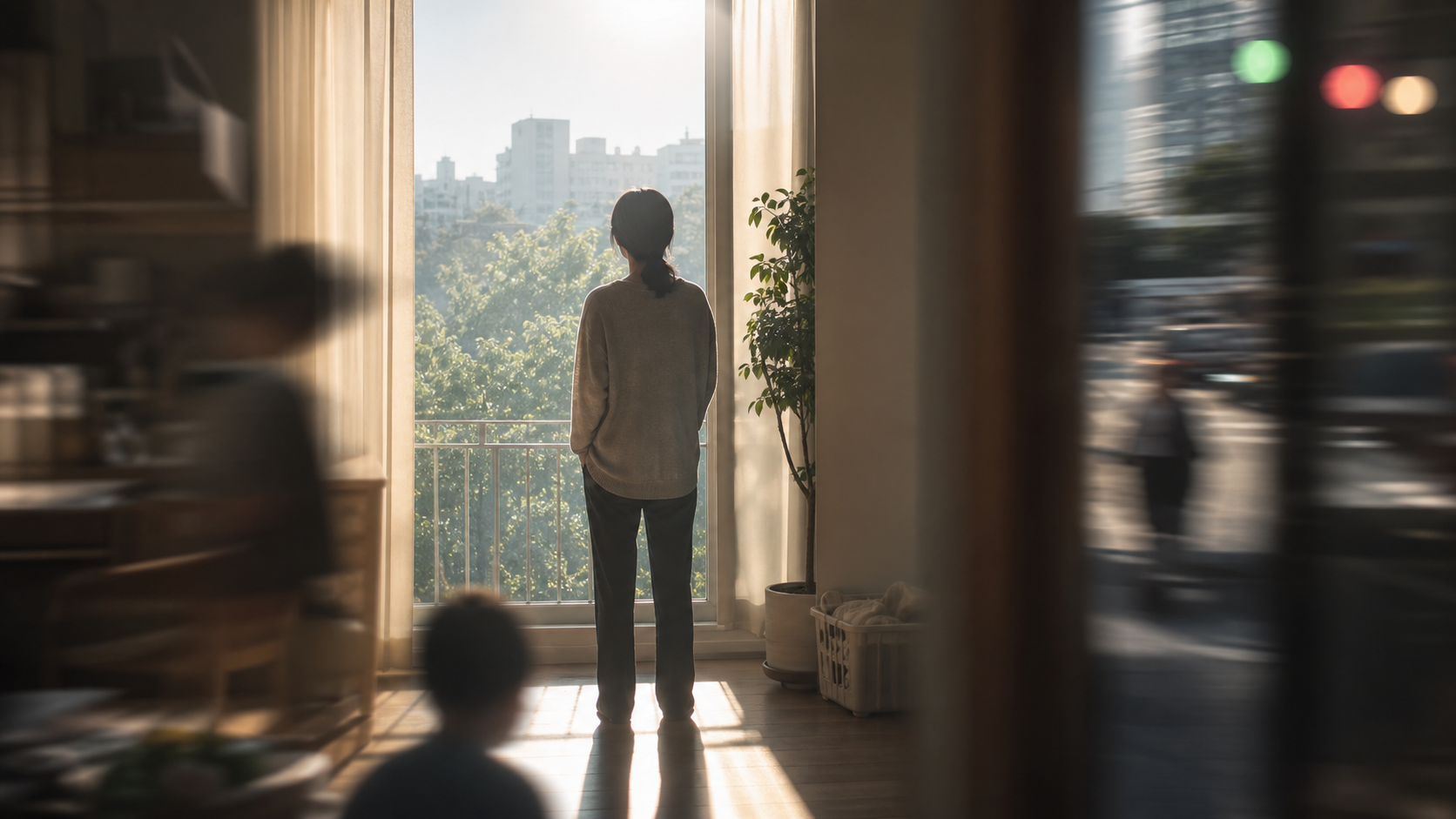A person standing in morning light while blurred everyday distractions move around the edges of the frame.